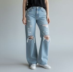 Zara Light Blue Distressed Wide Leg Jeans